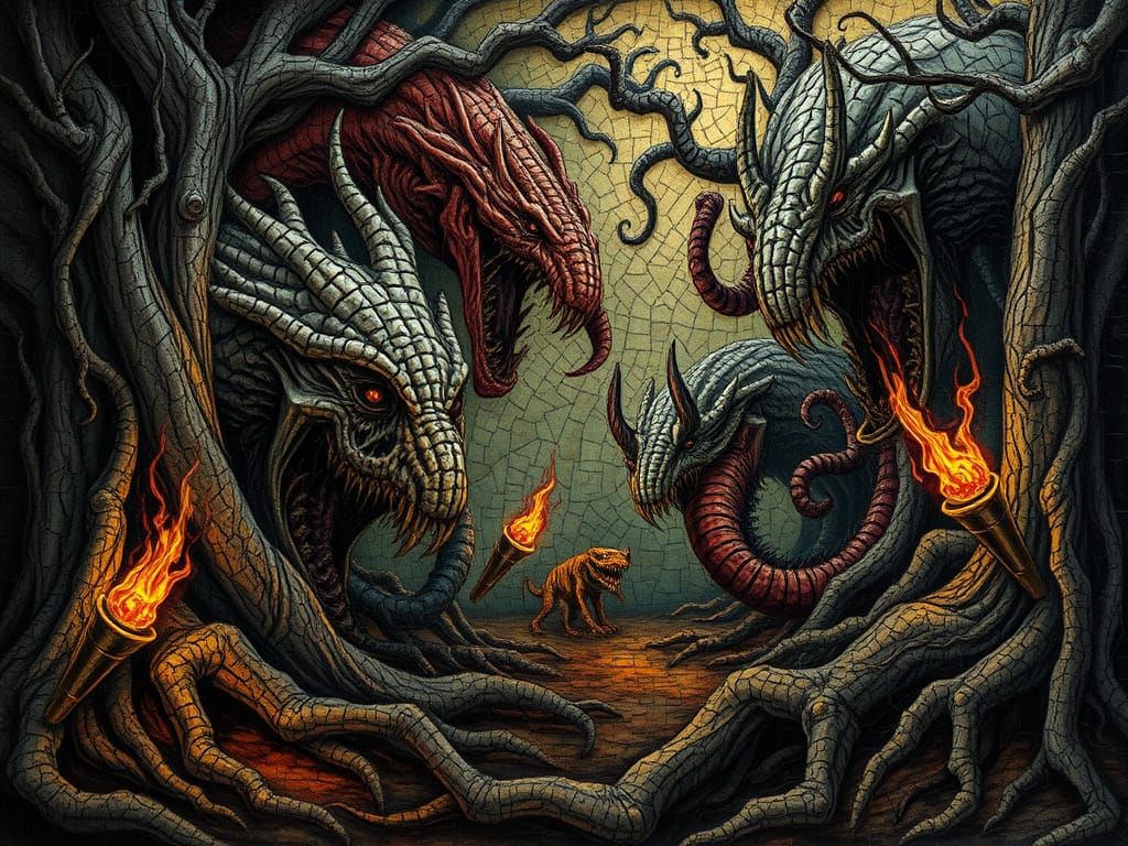 Medieval Mosaic of Grotesque Creatures in a Dark Forest