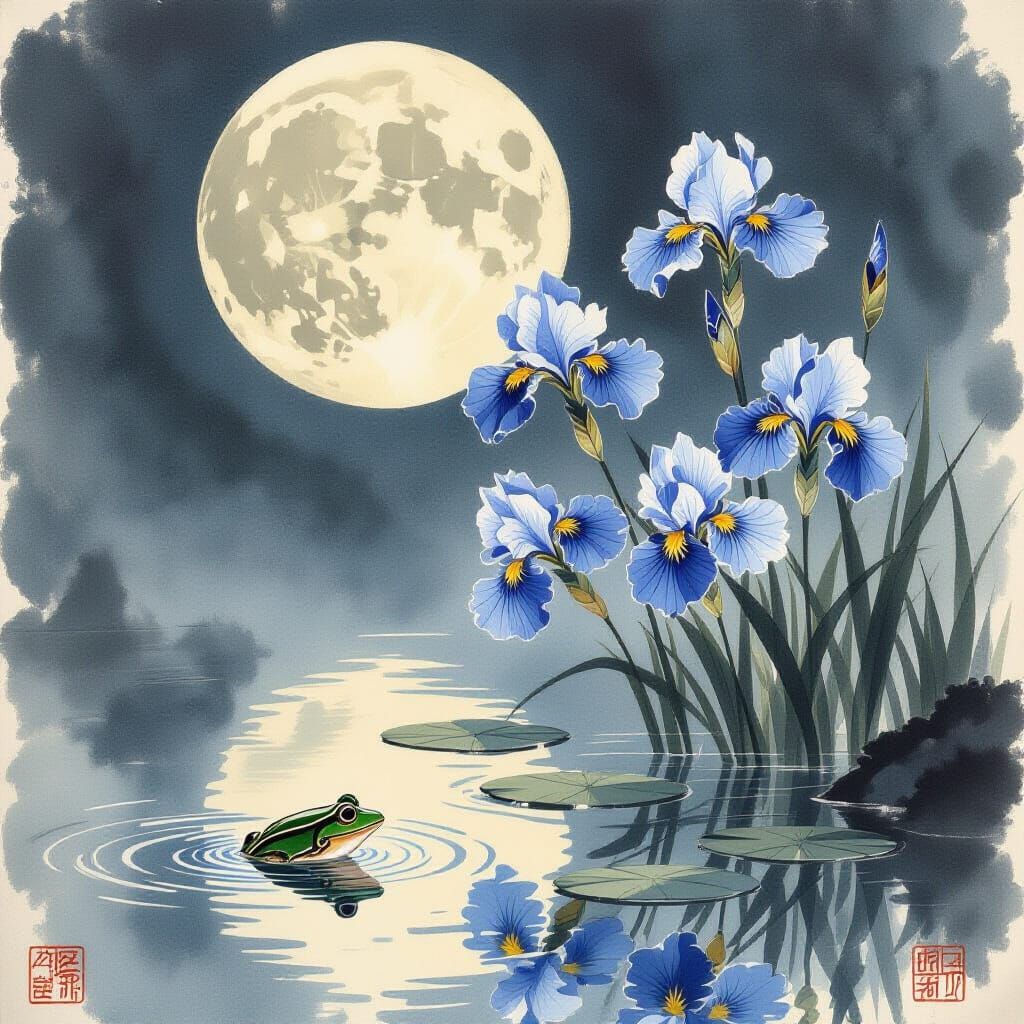 Blue Irises at Pond, Japanese Ukiyo-e Style