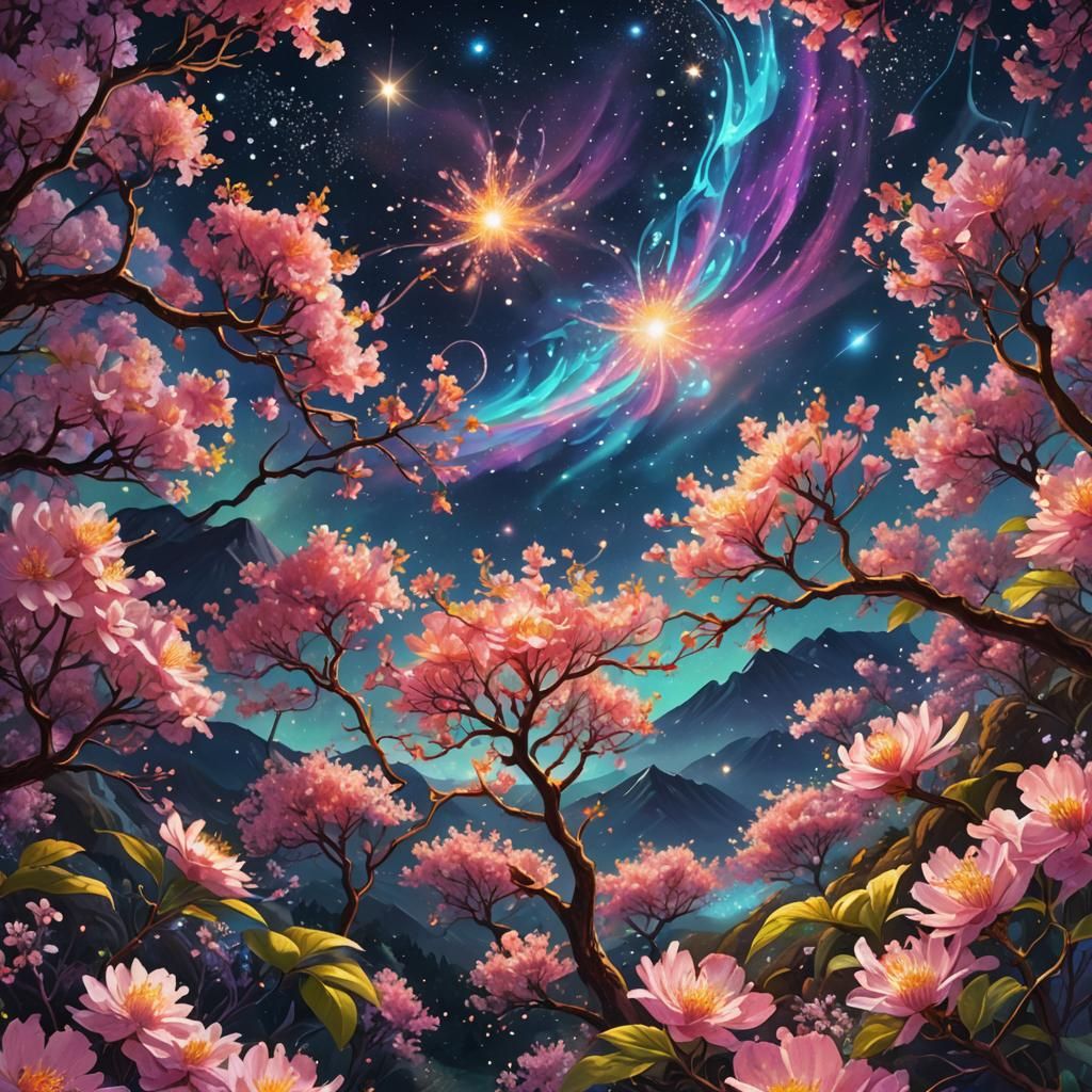 Cosmic Cherry Grove: Astral Illustration in Mixed Media