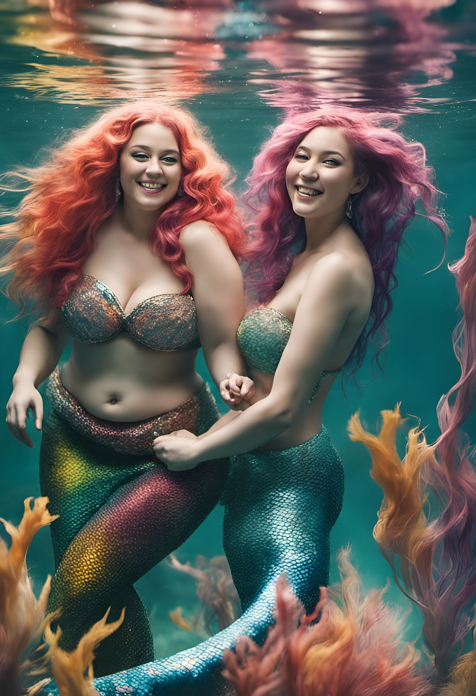 Voluptuous mermaids in the water