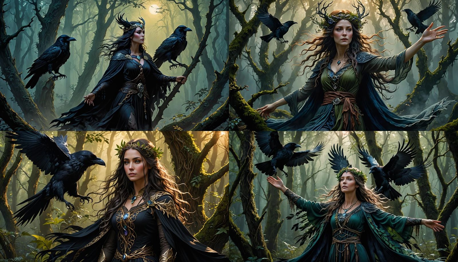 Druid Transformation: Woman to Raven in Mystic Forest