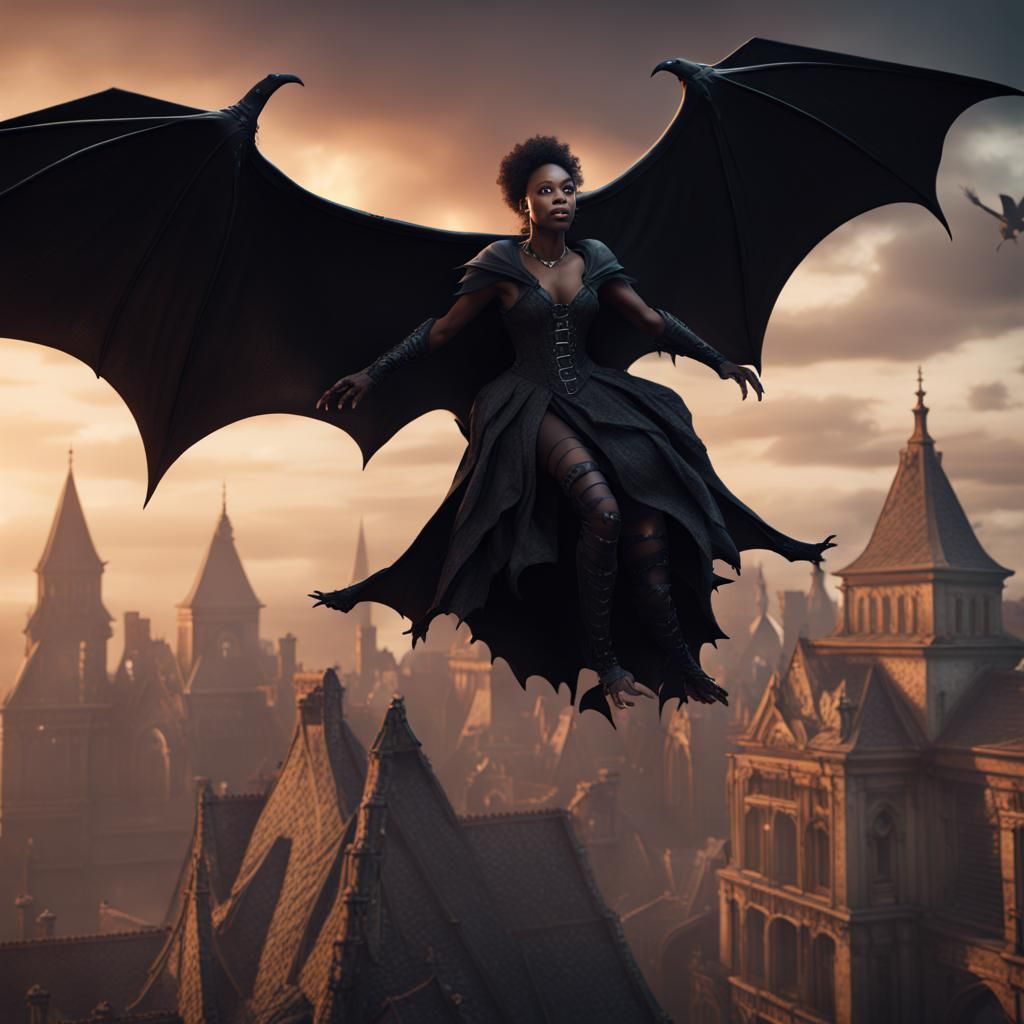 Gothic Woman Rides Giant Bat: Fantasy Concept Art