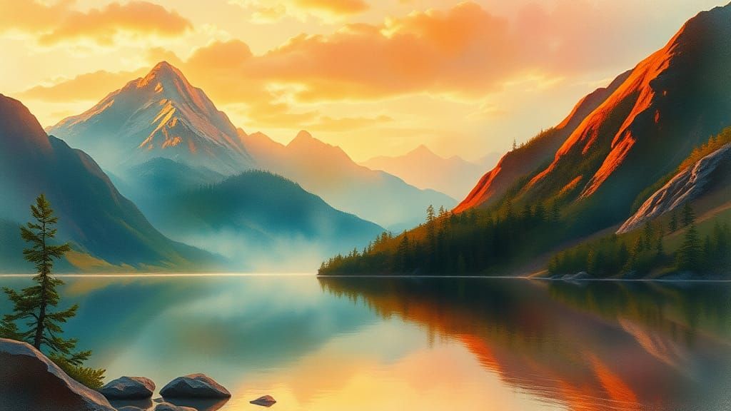 Mountain Lake Scene in Watercolor Style