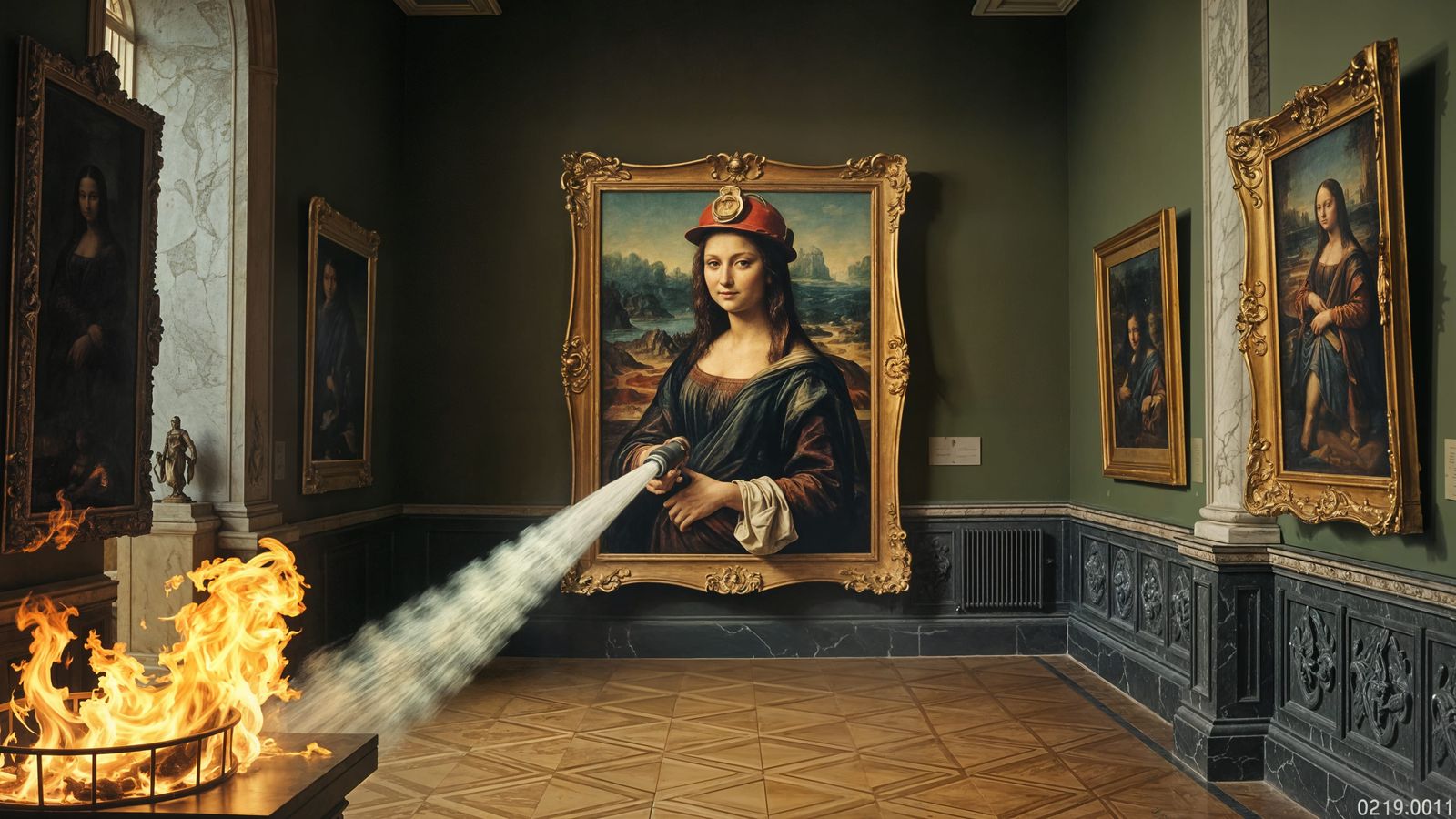Surreal Museum Mayhem with Mona Lisa as Firefighter