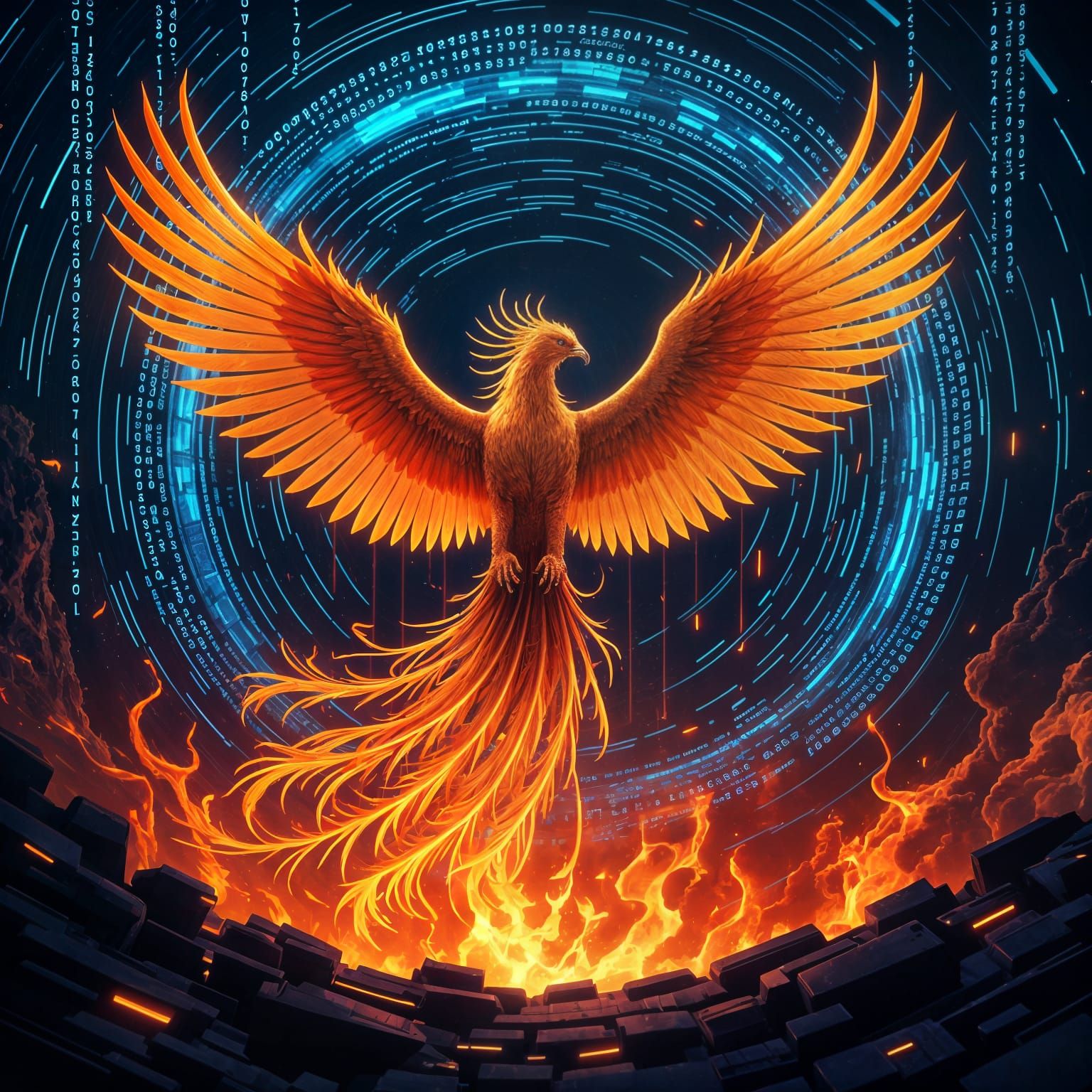 Phoenix of Binary Code Rises from Digital Inferno