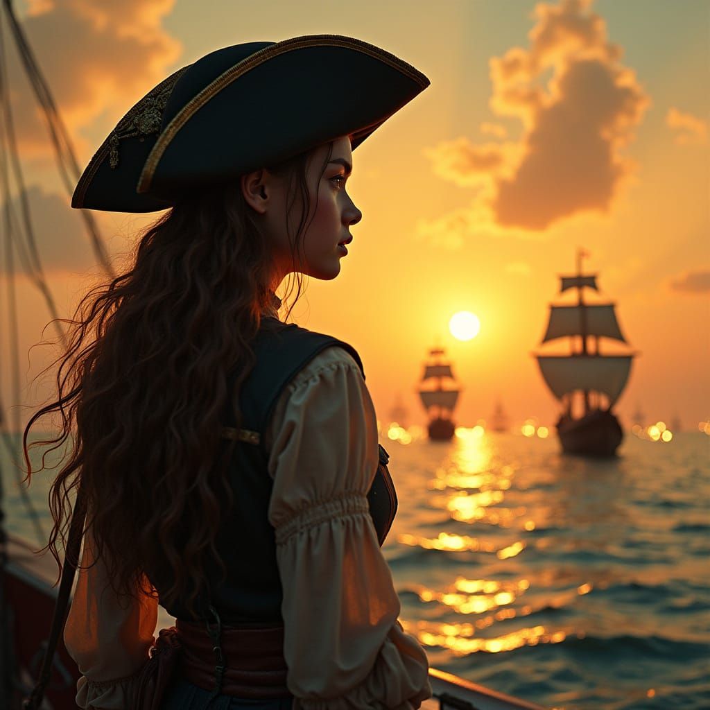 Pirate Girl Watches Ships on the Horizon