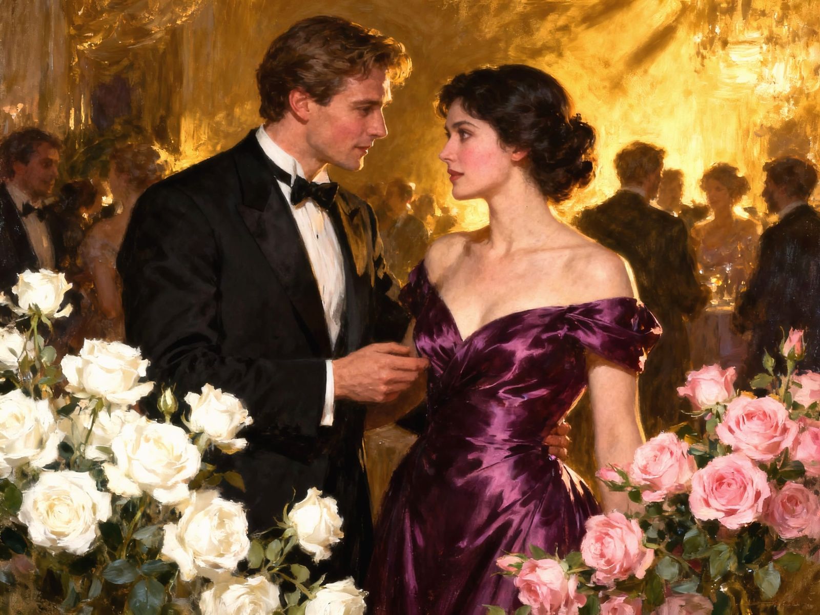 Elegant Couple's Romantic Encounter in Warm Lighting