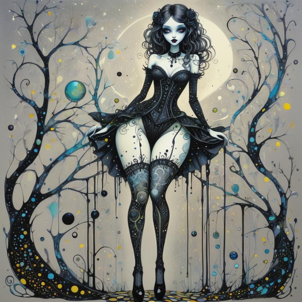 Whimsical Curvy Girl in Sparkling Pointillism Style