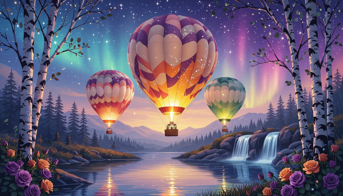 Abstract Hot Air Balloons with Northern Lights