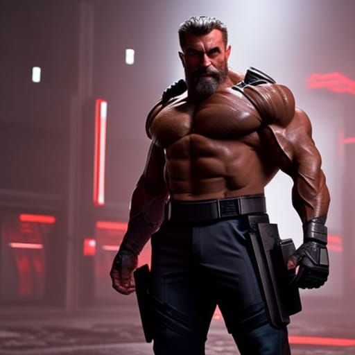 Cyberpunk Muscle Man in Neon-lit Future