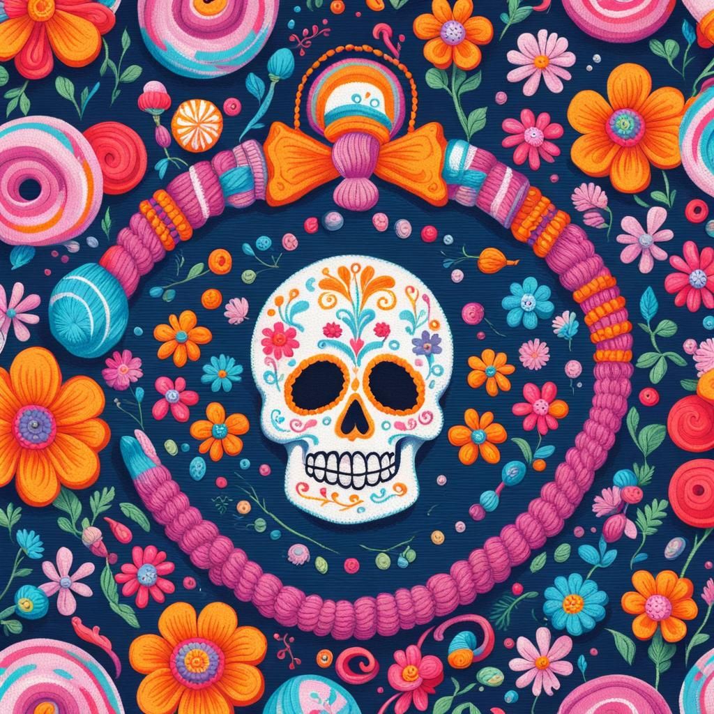 Knitted Calavera Sweater in Candyland Gouache Style