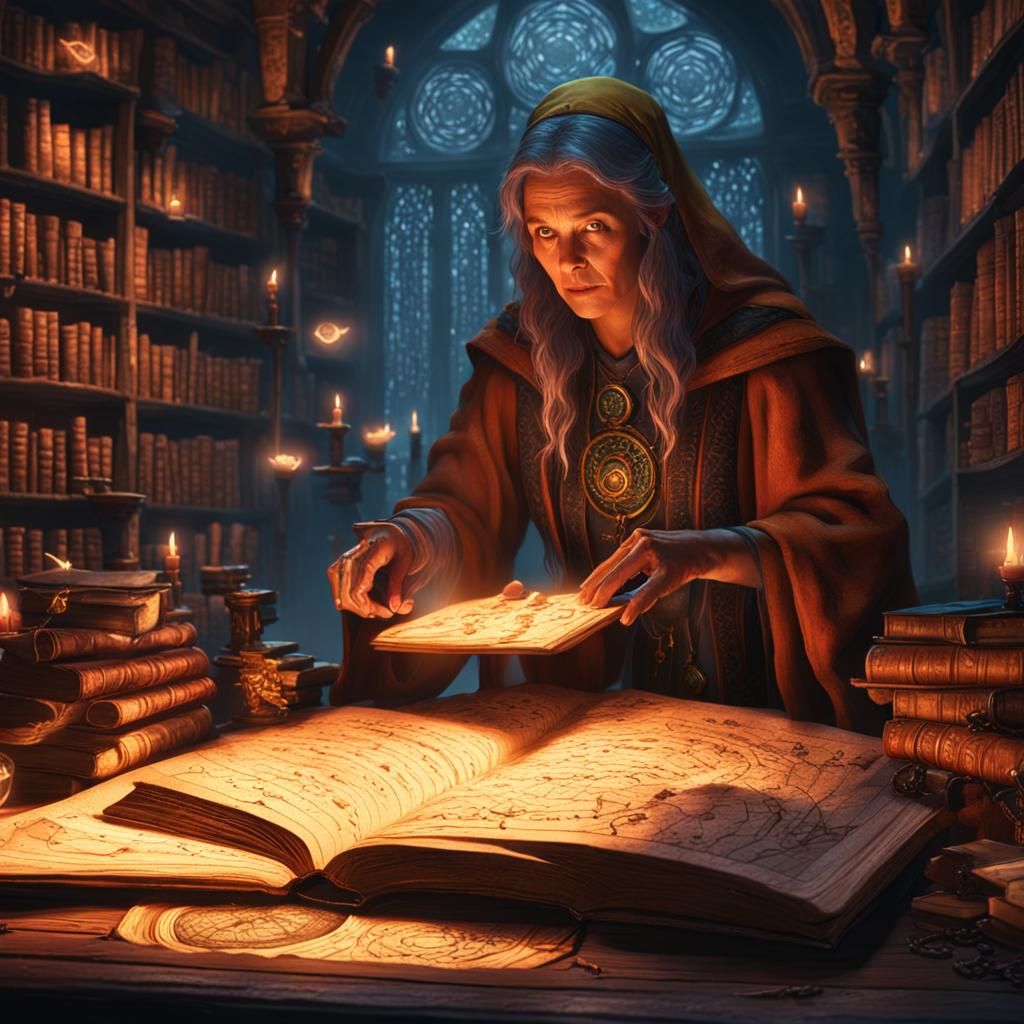 Sorceress Casting Spell in Mystical Library