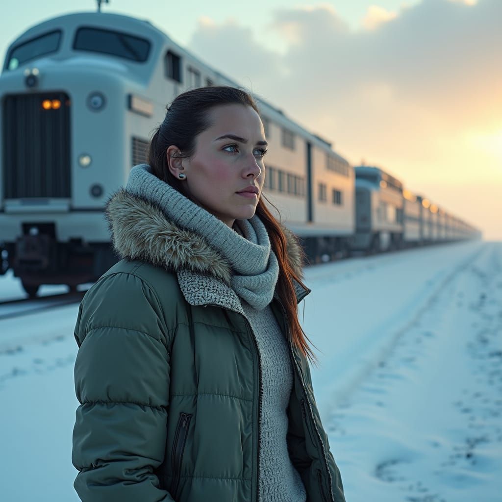 Icy Dystopian Cityscape with Heroic Figure in Sci-Fi Style