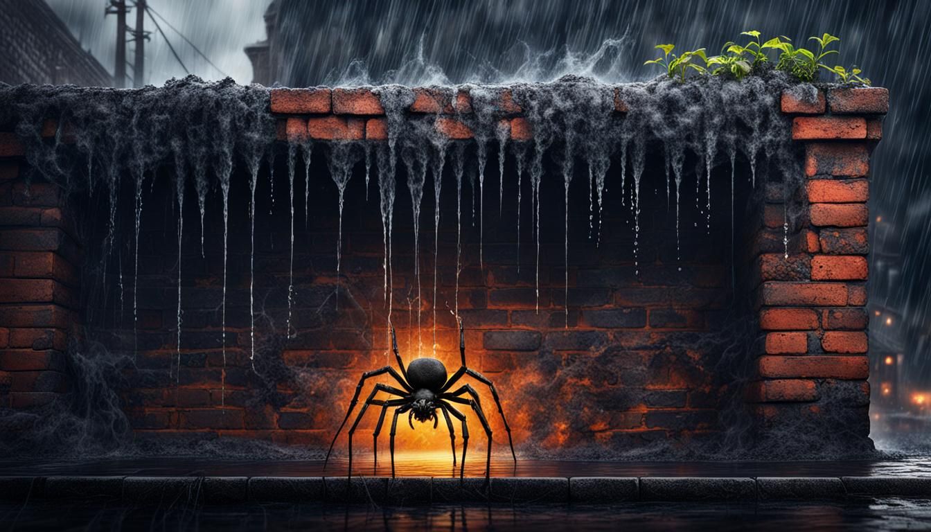 Radioactive Spider on Brick Wall in Rain