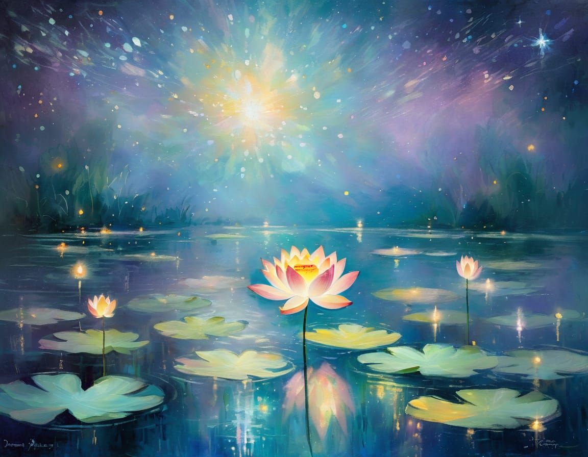 Luminous Lotus Flower on Starlit Pond in Impressionist Style