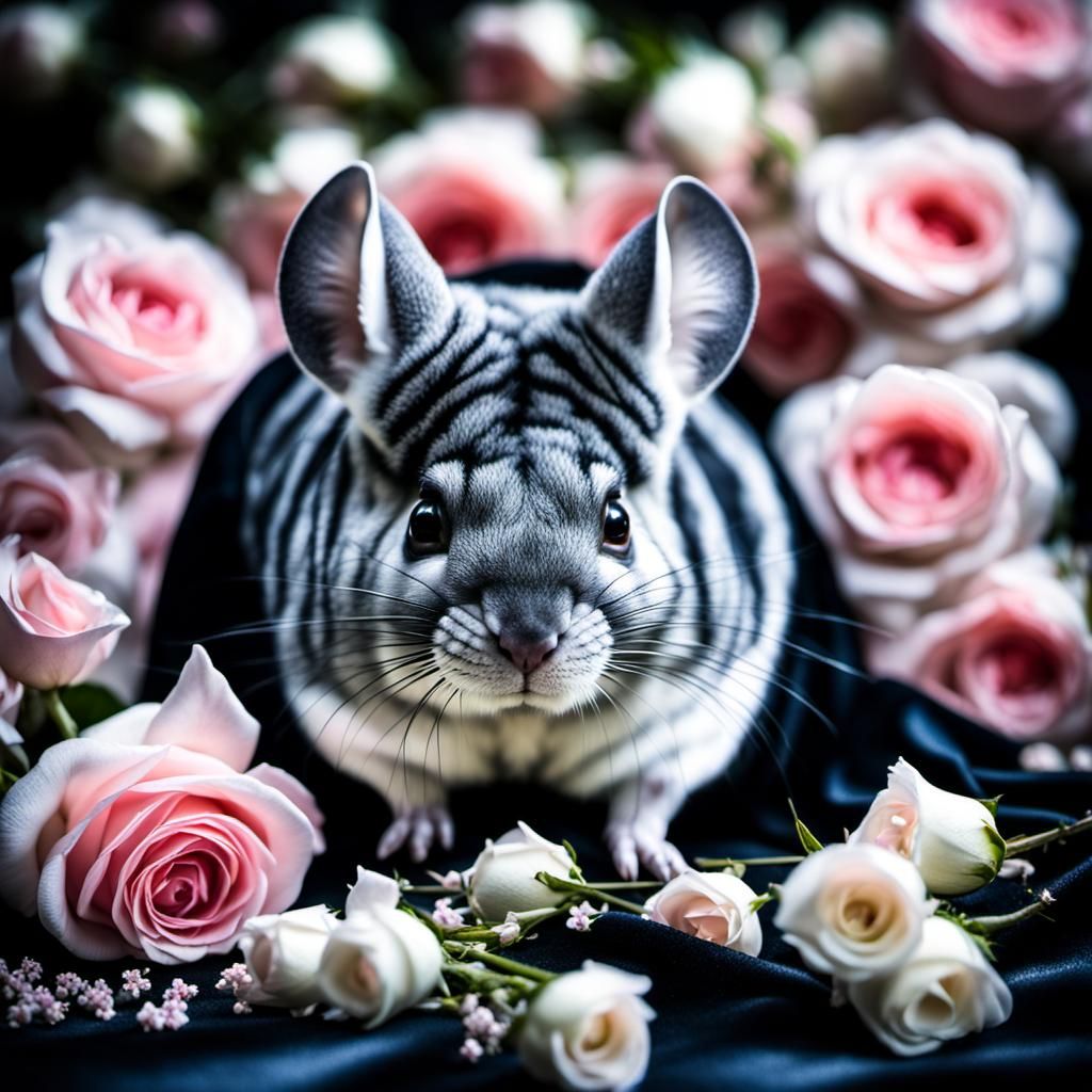 Chinchilla on Velvet with Roses: Hyperrealistic Detail