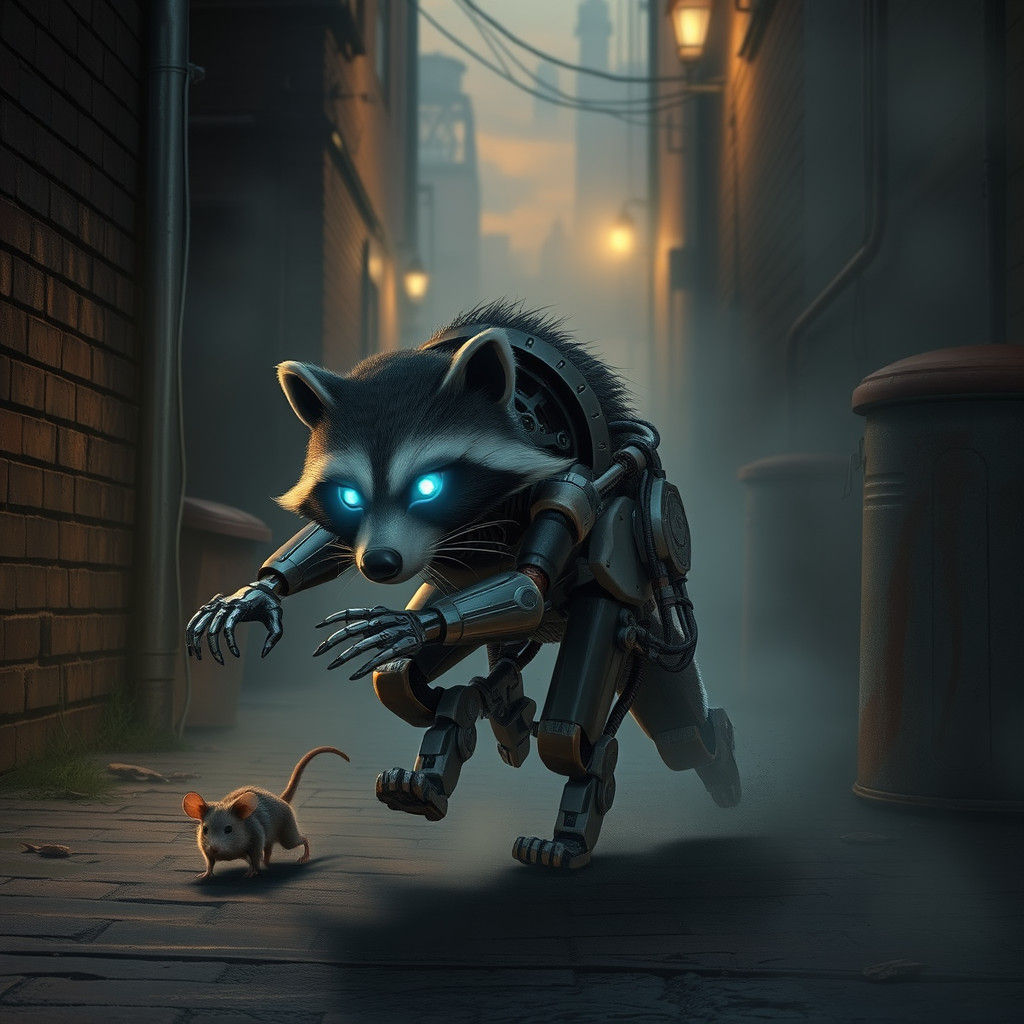 Robotic Raccoon Chasing Mouse in Futuristic Alley
