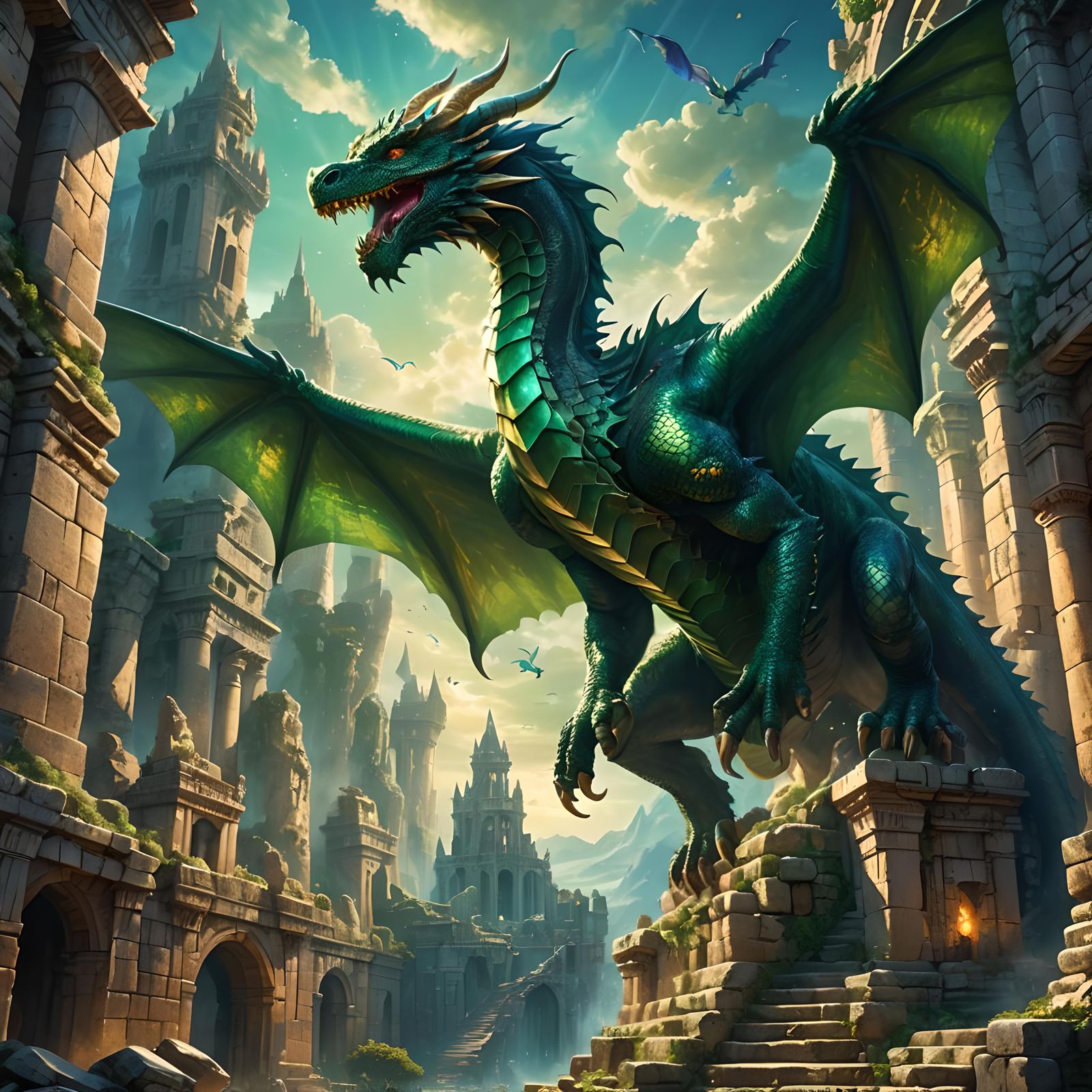 Dragon Soaring Over Ancient Ruins in Matte Painting