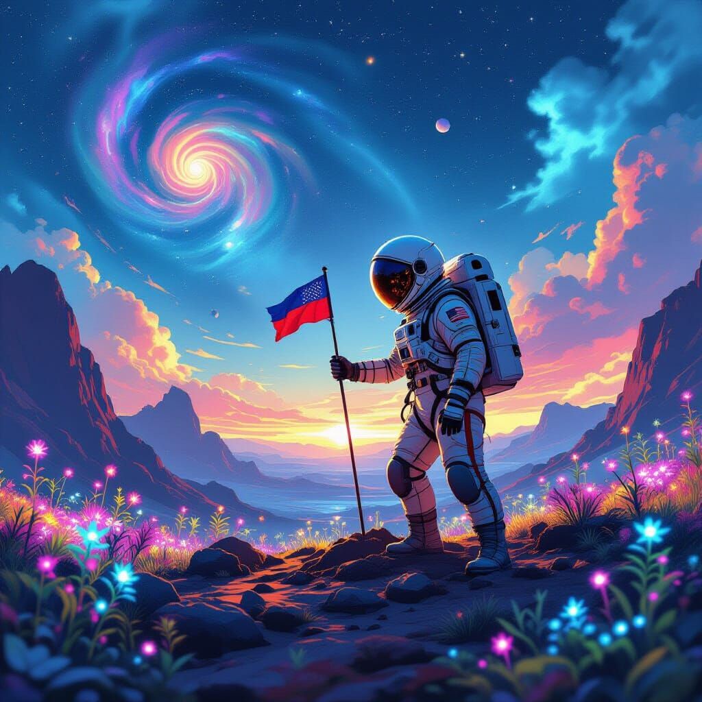 Astronaut Plants Flag on Alien Planet with Nebula Sky