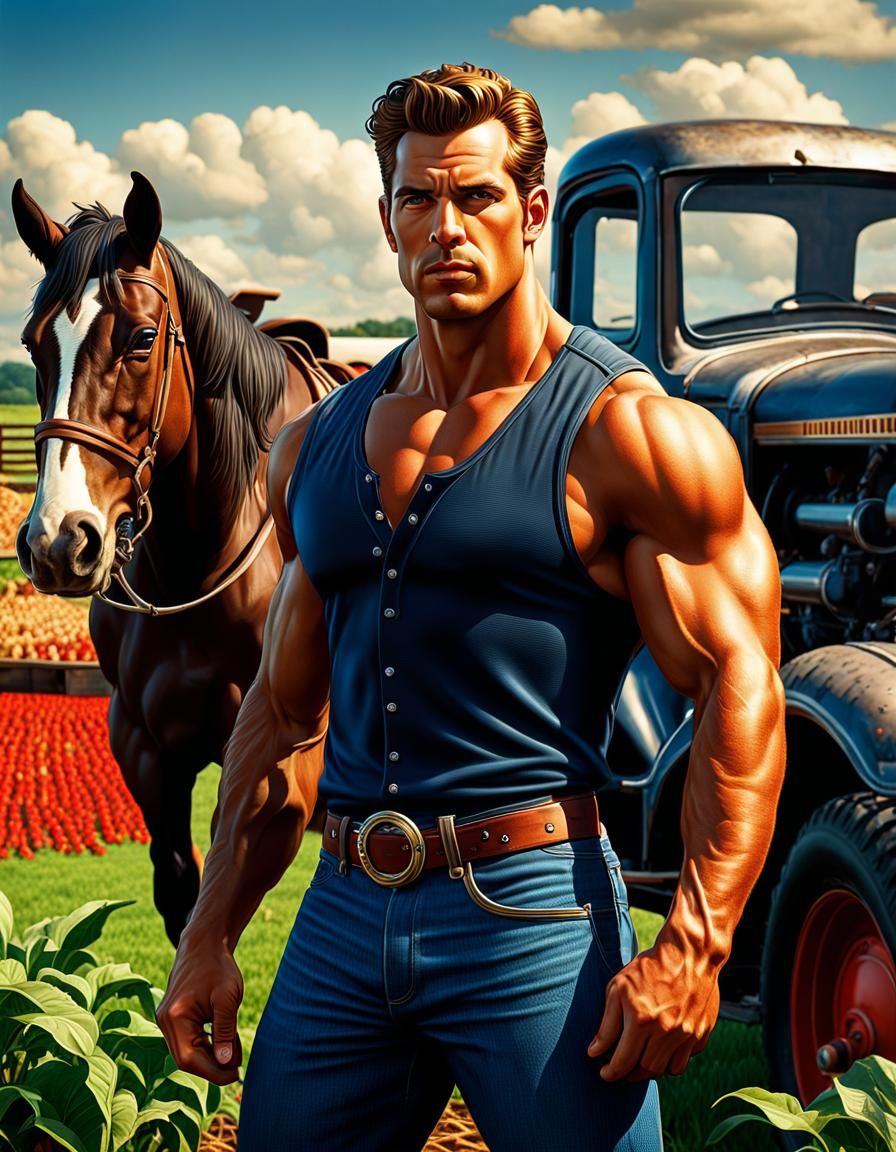 Hyperrealistic Farm Scene with Attractive Men