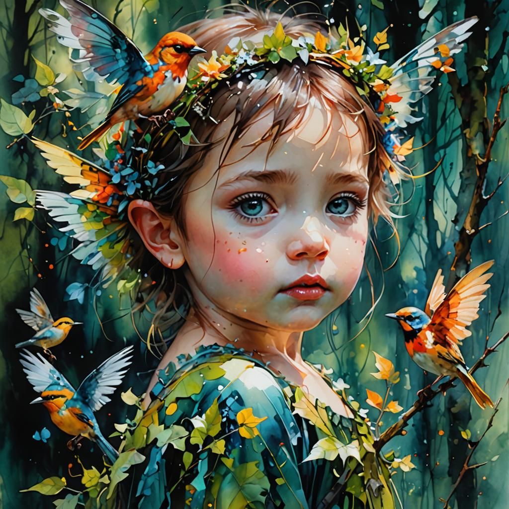 Baby Fairy and Bird in Magical Forest