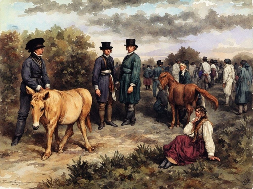 Flagey Peasants Return from Fair in Antique Watercolor Style