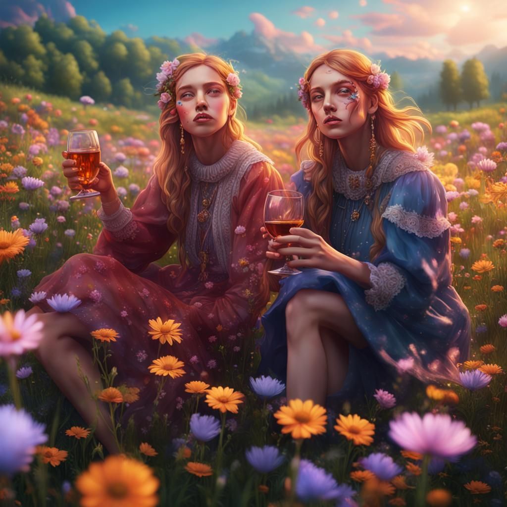Girls Drinking on Flower Meadow: Fantasy Art