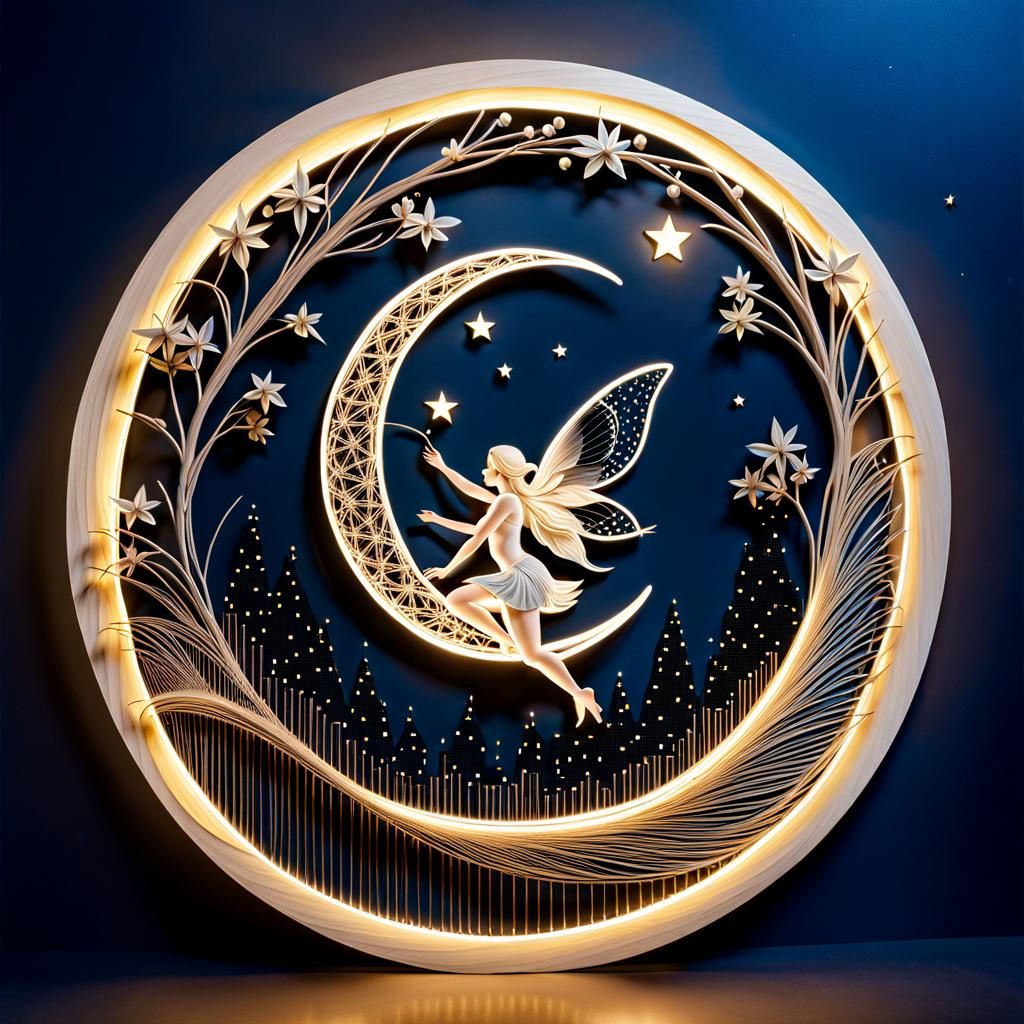 Fairy Silhouette Against Glassy Moon in String Art