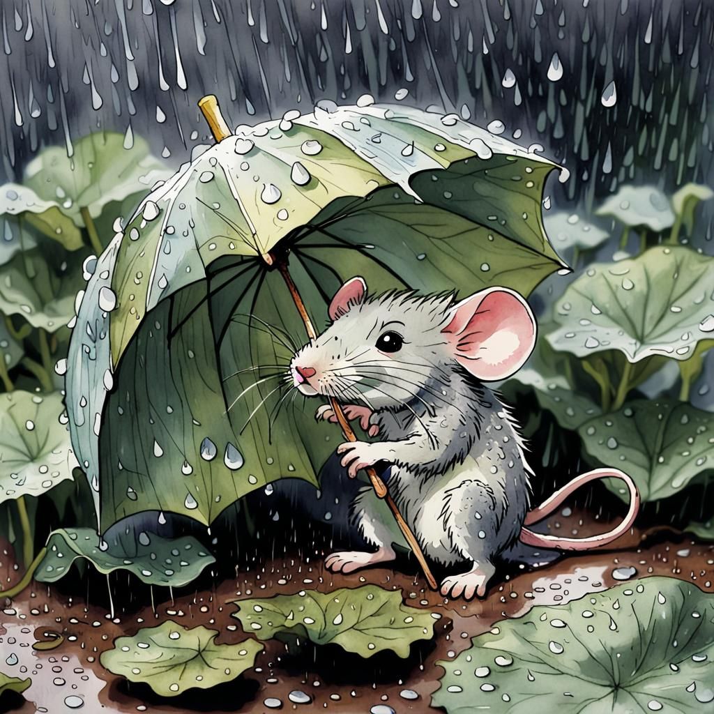 a wet mouse hides in the rain from the pouring rain under a burdock leaf, like under an umbrella