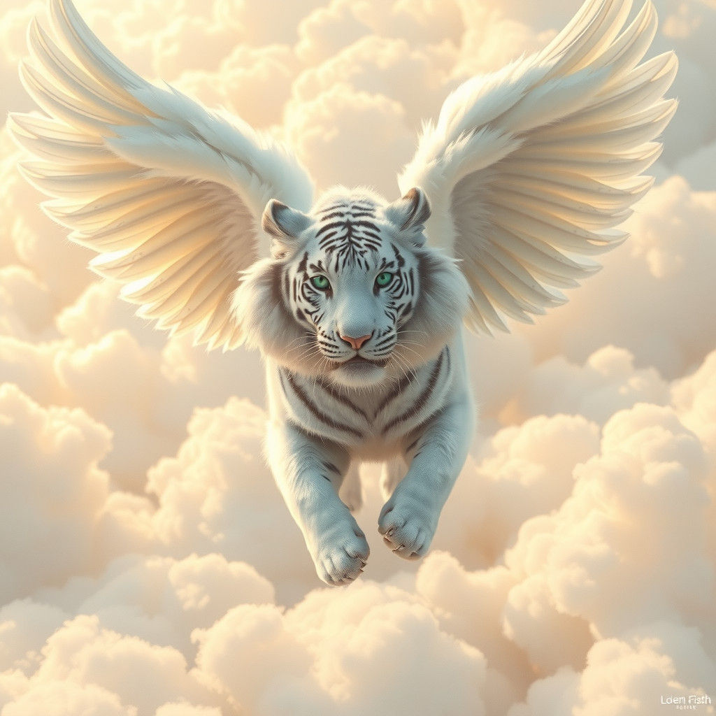Winged White Tiger Soaring Through Clouds