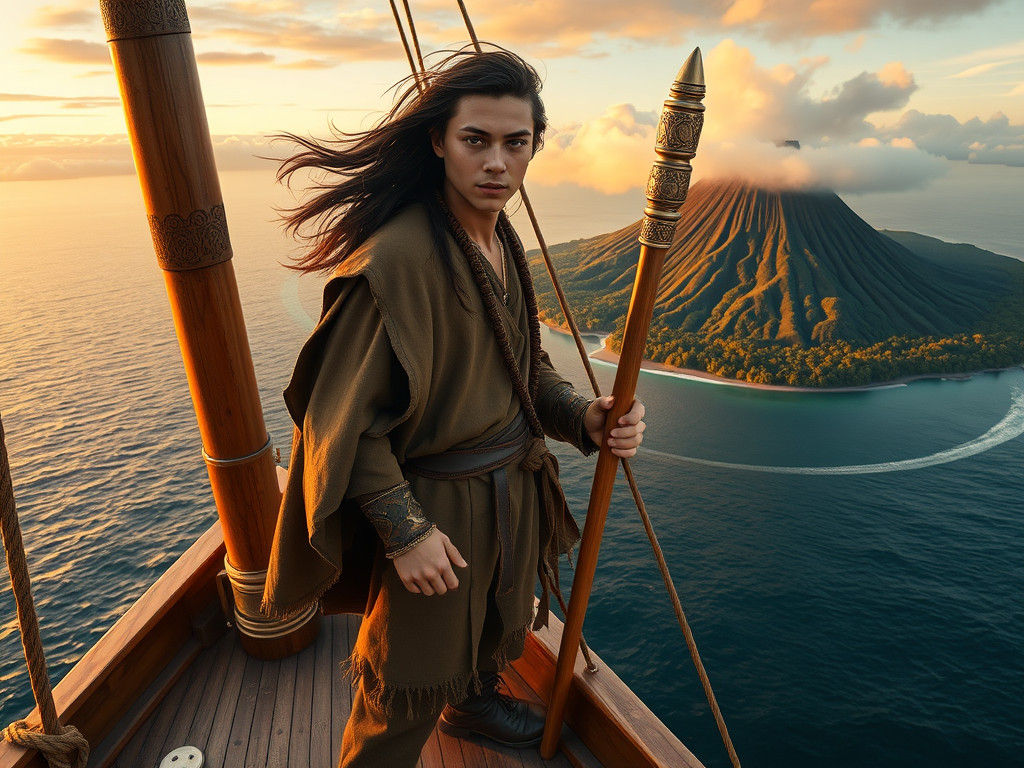 Native American Wizard Sailing to Volcanic Island
