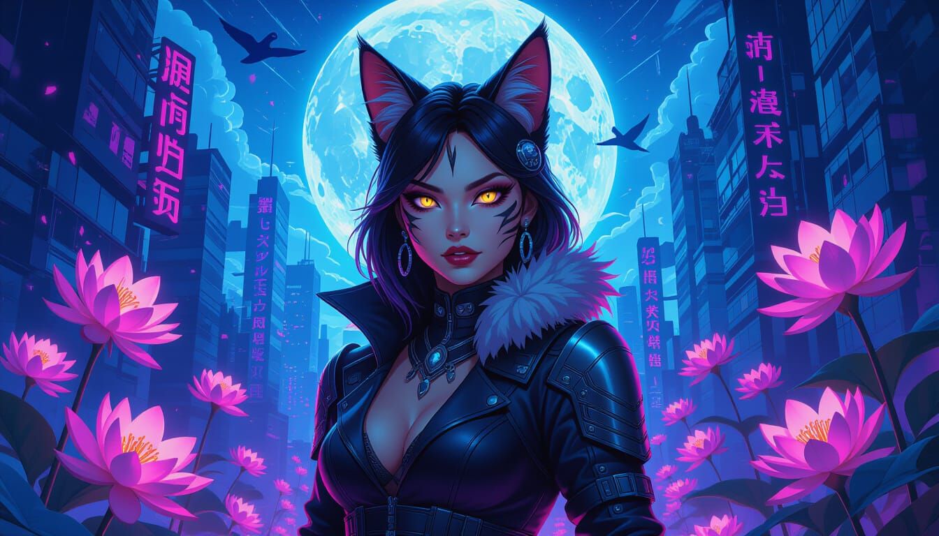 Cat-Goddess Ascends in a Neon Jungle