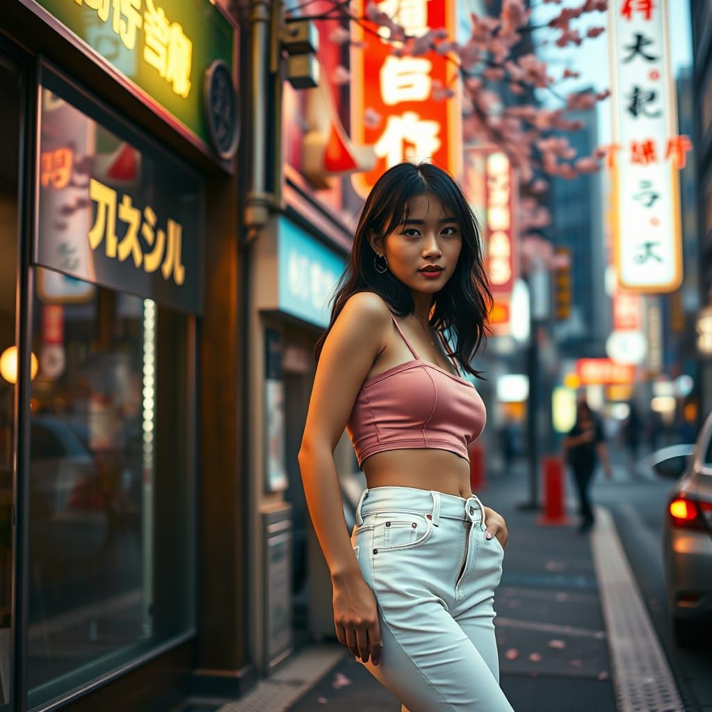 Woman Posing on Tokyo Street with Neon Lights
