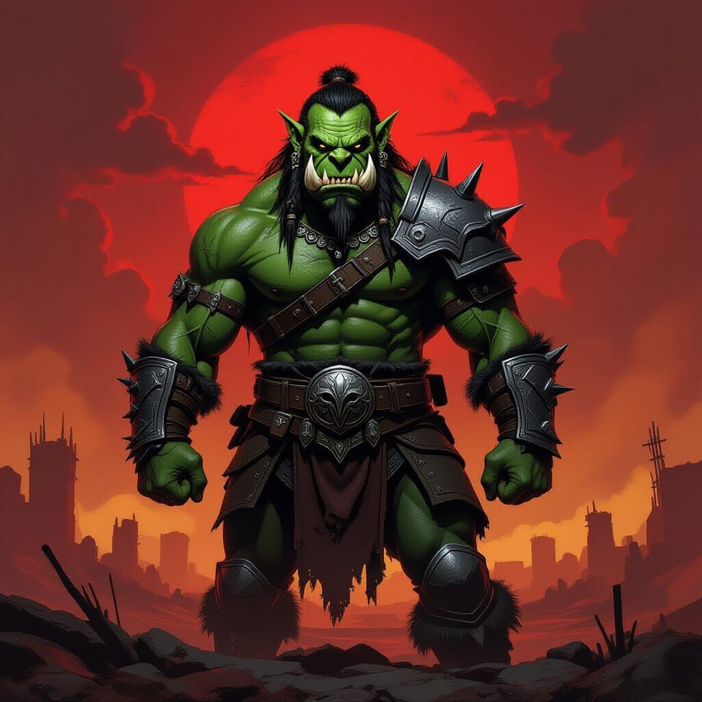 Orc-Human Hybrid in Desolate War-Torn Landscape