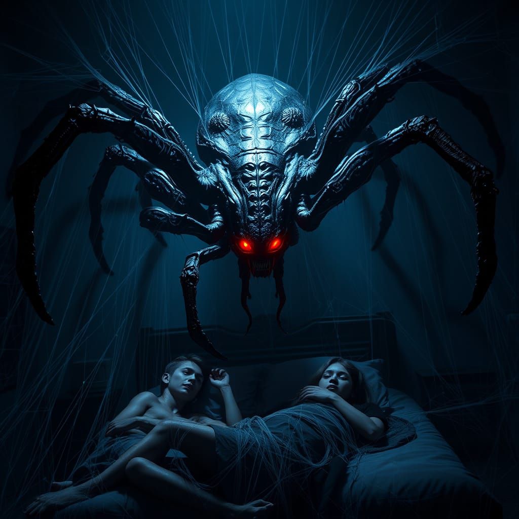 Eerie Alien Tarantula Monster Hangs Above a Bed