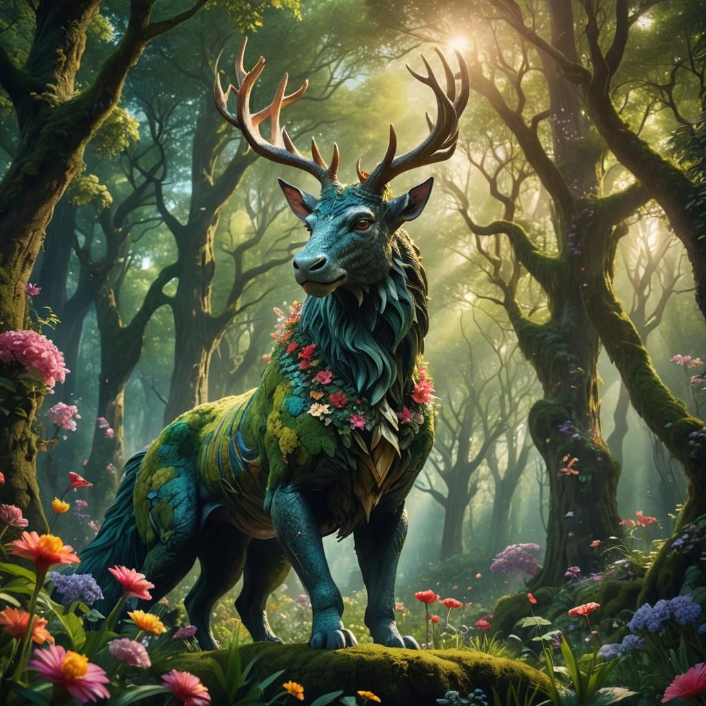 Mythical Creature in Lush Forest: Fantasy Concept Art