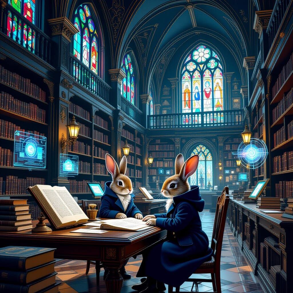 Rabbit Scholar in Futuristic Gothic Library