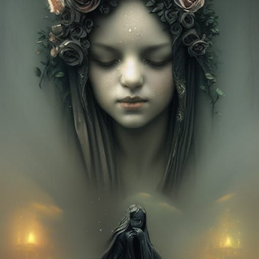 Crying Angel Statue in Cemetery with Roses