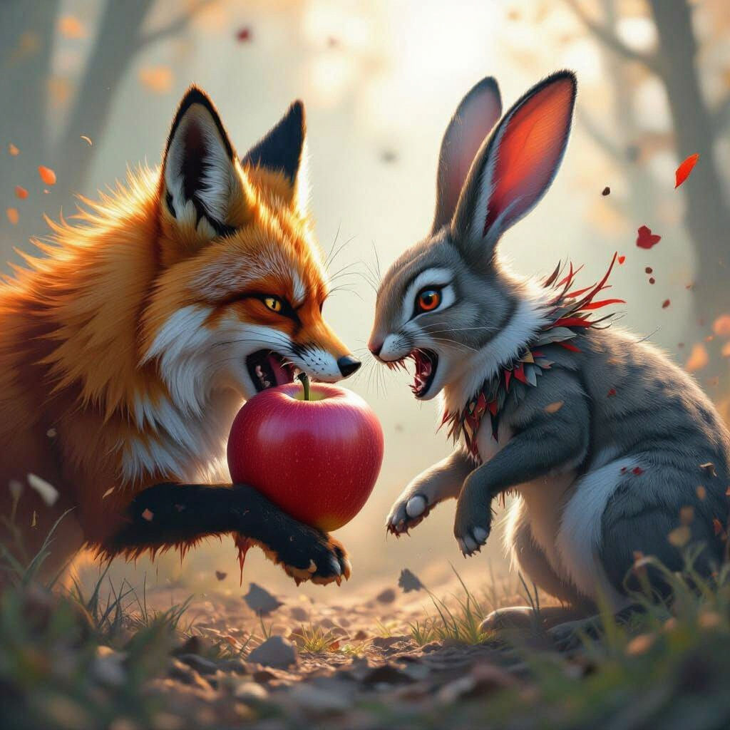 Fox and Rabbit in Ferocious Battle Portrait