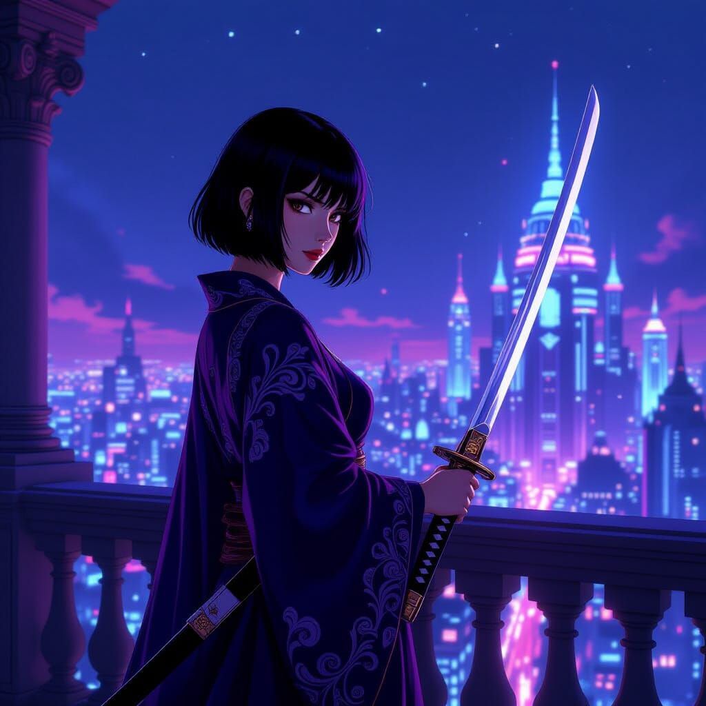 Woman in Robe with Katana on Palace Balcony Overlooking Neon...