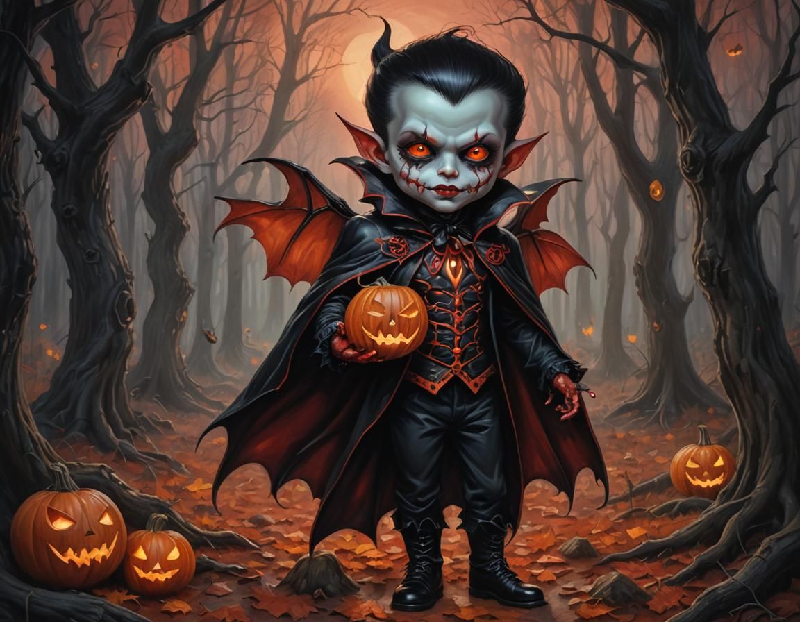 Chibi Vampire Demon in Dark Fantasy Oil Painting