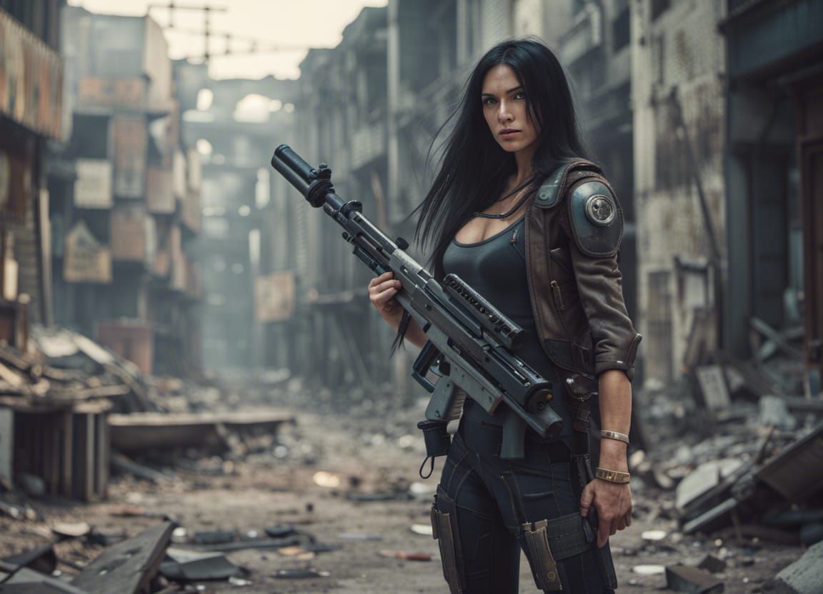 Futuristic Female Warrior in Abandoned City, 8K