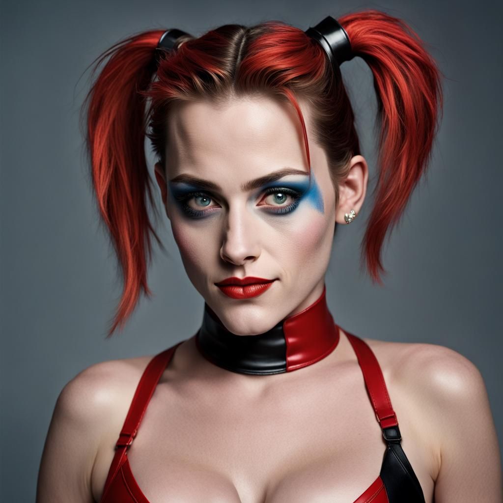 Kristen Stewart with dressed as in the style of Harley Quinn posing