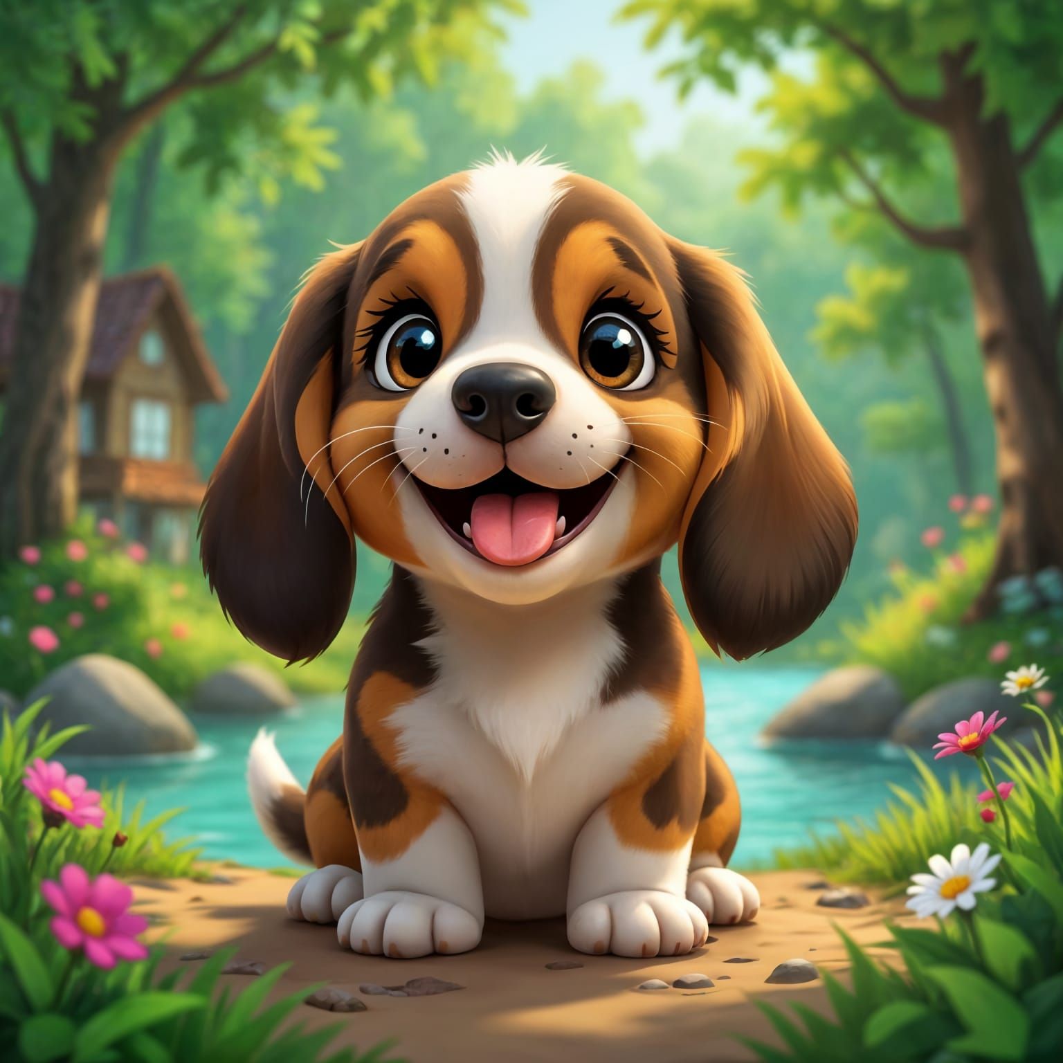 Chibi Bassett Hound Portrait in Enchanted Forest