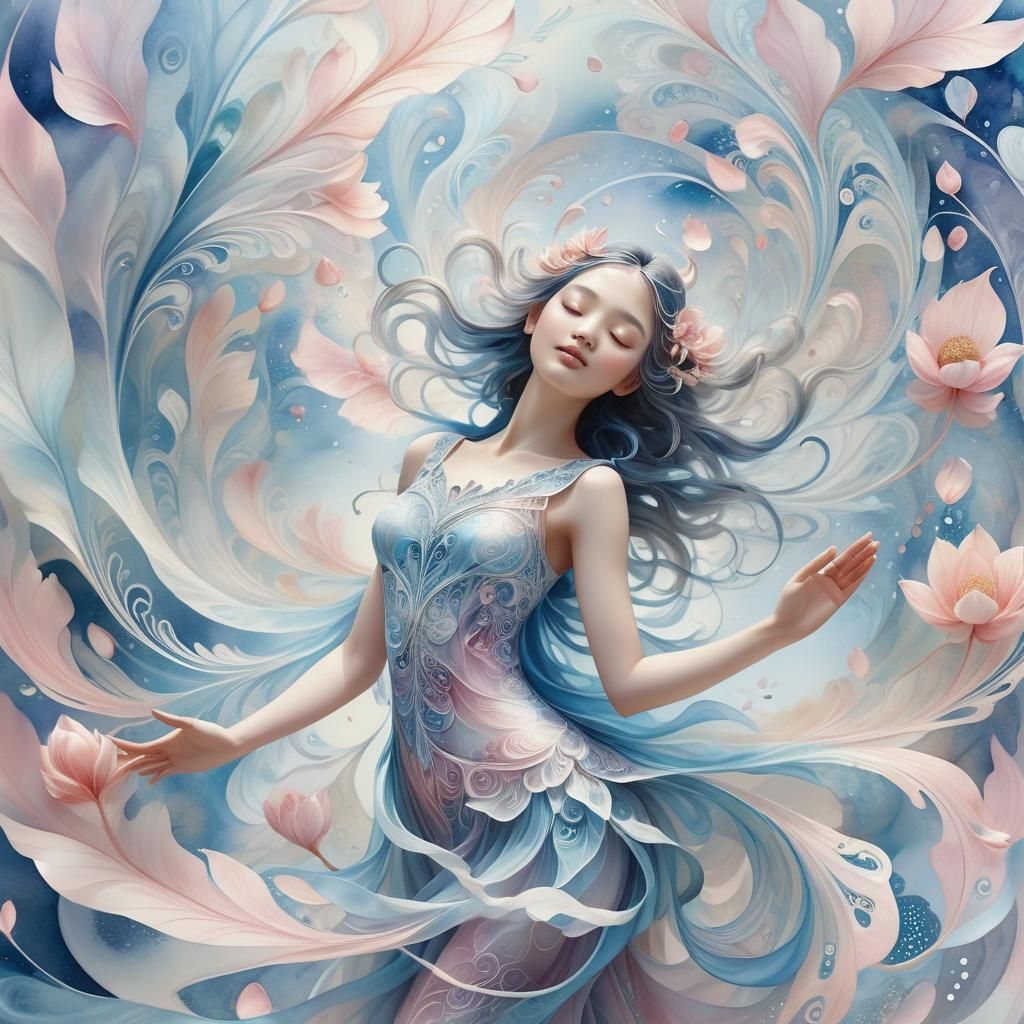 Wind Goddess Swirling in Petals: Watercolour Fantasy