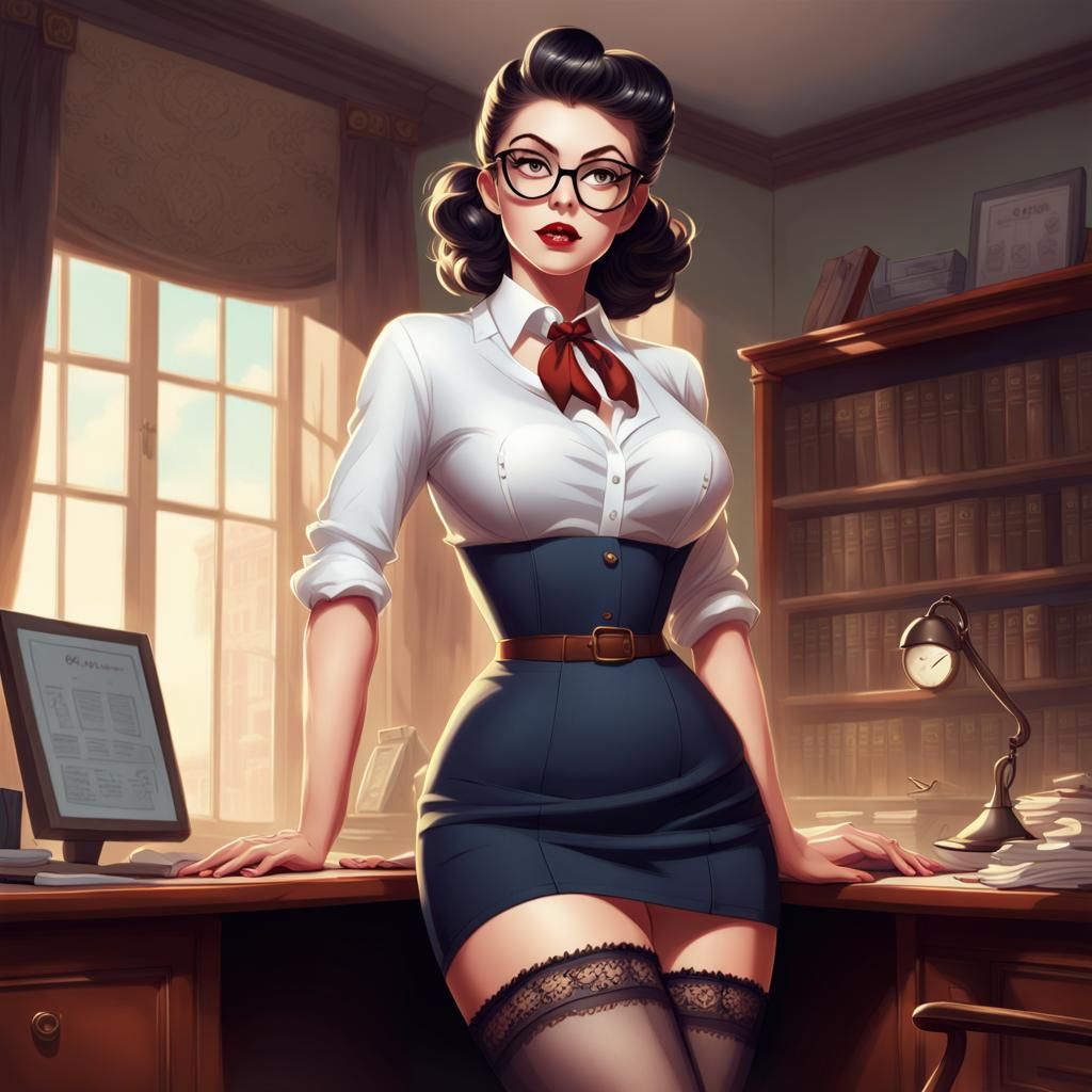 Dreamlike Pin-Up Secretary in Disney Animation Style