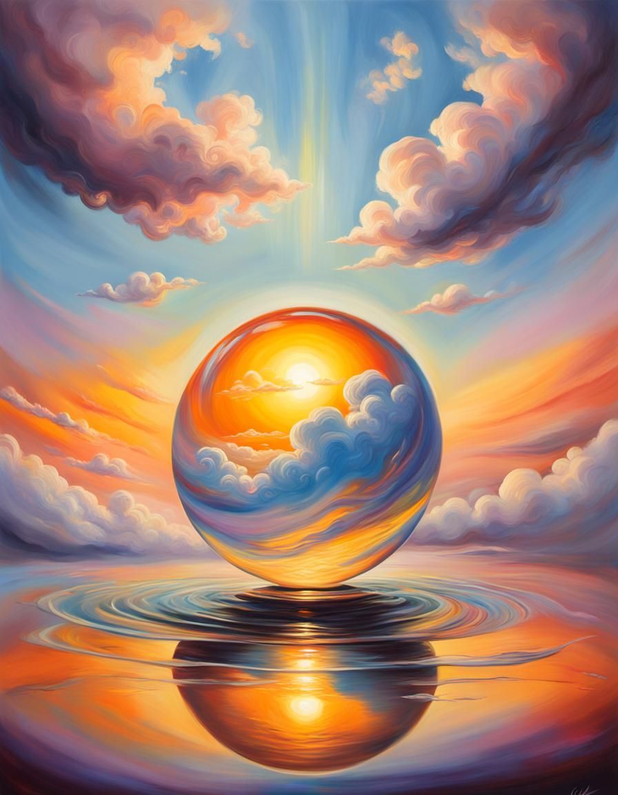 Liquid Orb Sunset in Magical Realism Style