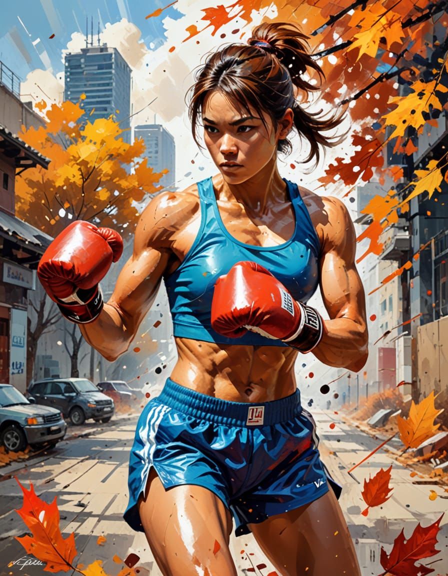 Fierce Female Boxer Training in Autumn Abstract Art