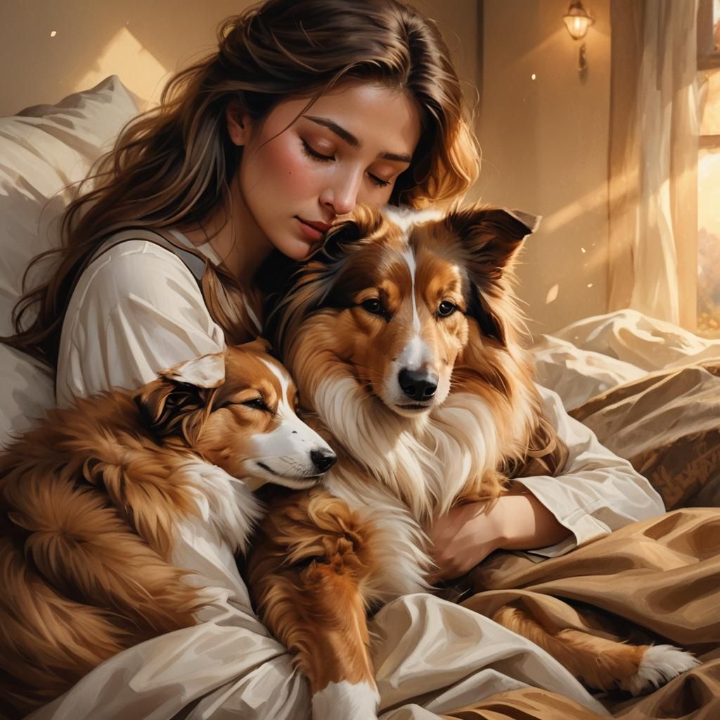 Tender Moment of Canine Companionship in a Dreamy Landscape