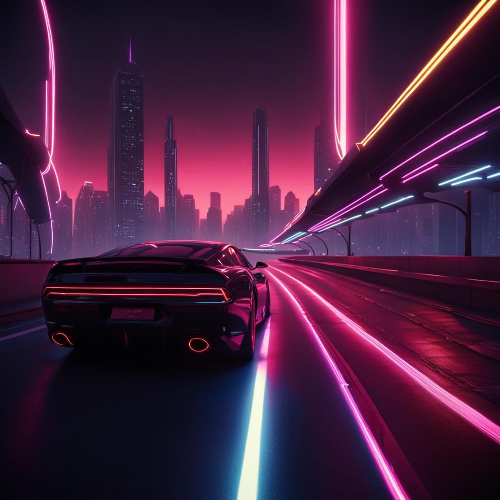 Futuristic Film Noir Highway at Midnight